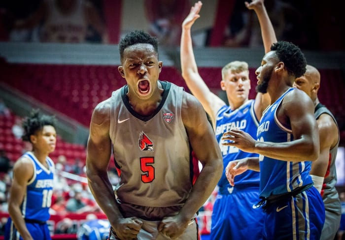 Ball State's Payton Sparks celebrates after scoring against Buffalo's defense during their game at Worthen Arena Friday, Jan. 14, 2022.